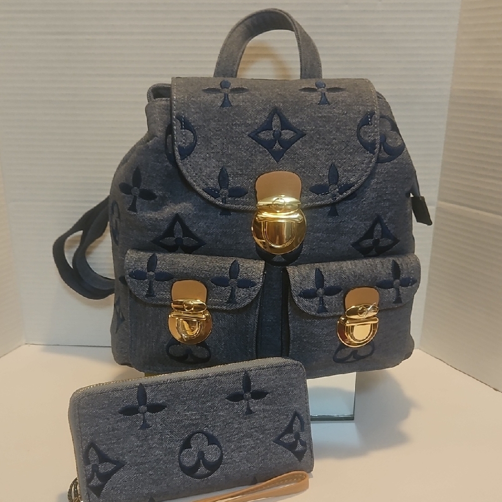 Elegant Faux Leather Denim Like Blue Backpack with Gold Hardware